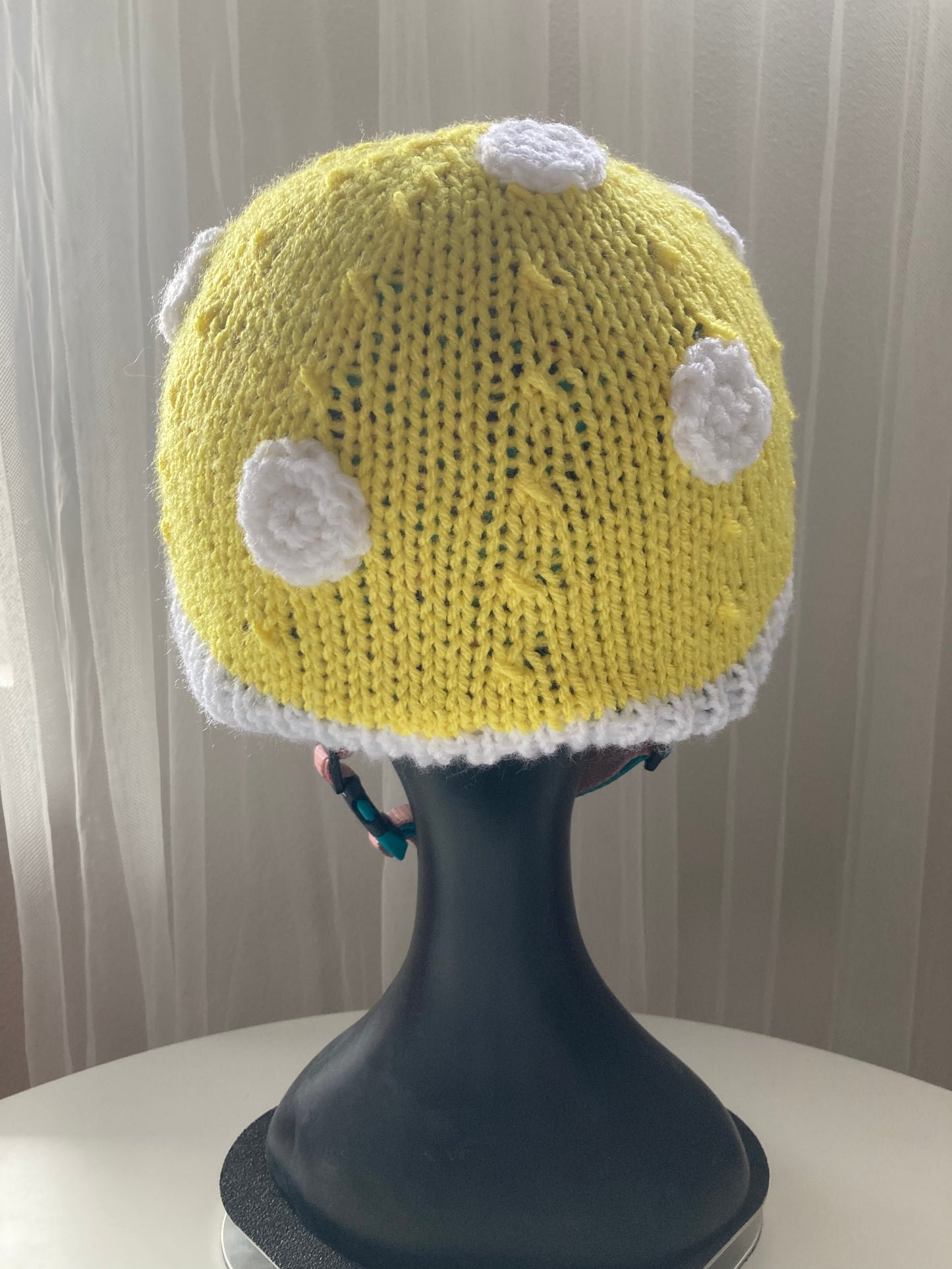 Handknitted and Crocheted Mushroom Helmet Beanie in Neon Yellow
