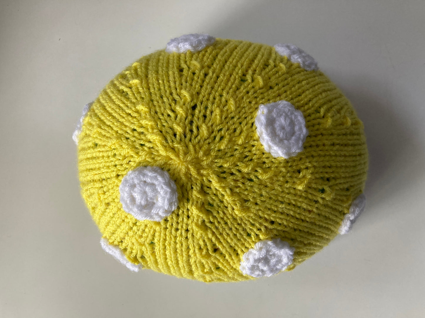 Handknitted and Crocheted Mushroom Helmet Beanie in Neon Yellow