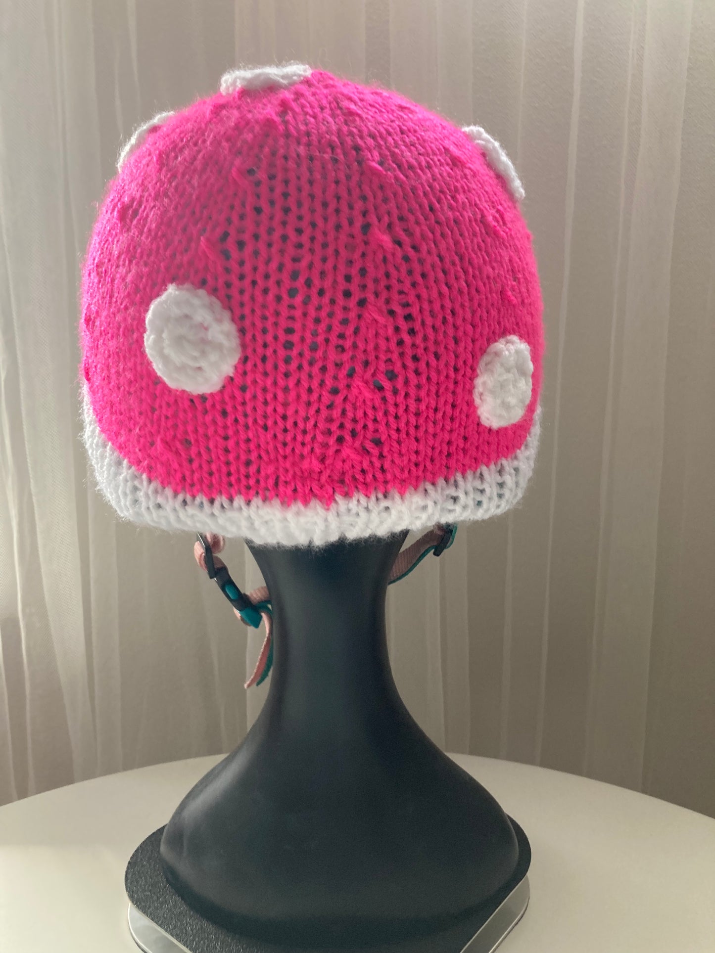 Handknitted and Crocheted Mushroom Helmet Beanie in Neon Pink