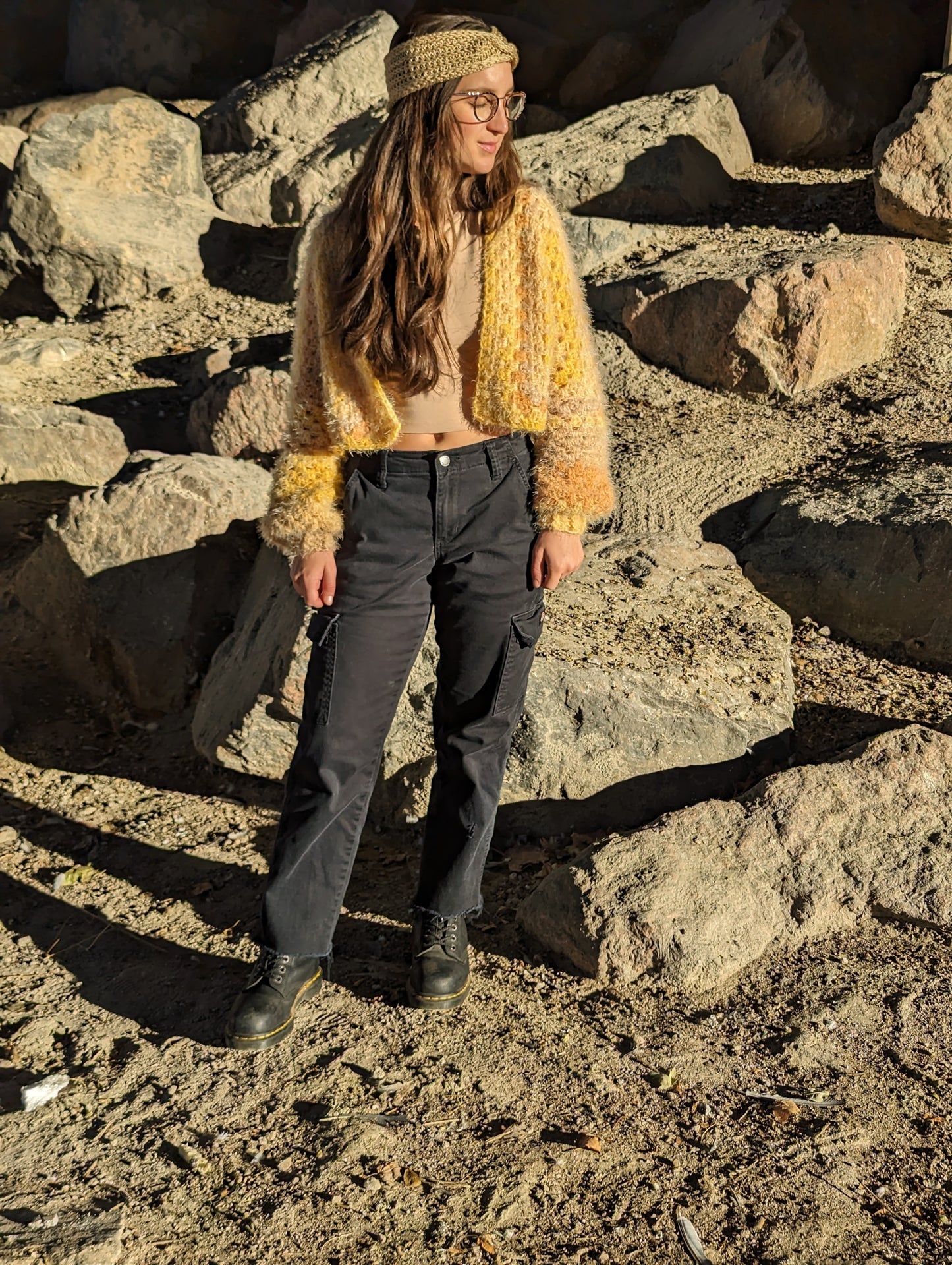 Hand Crocheted Super Soft Fuzzy Lemon and Yellow Shades Cropped Hexagon Cardigan