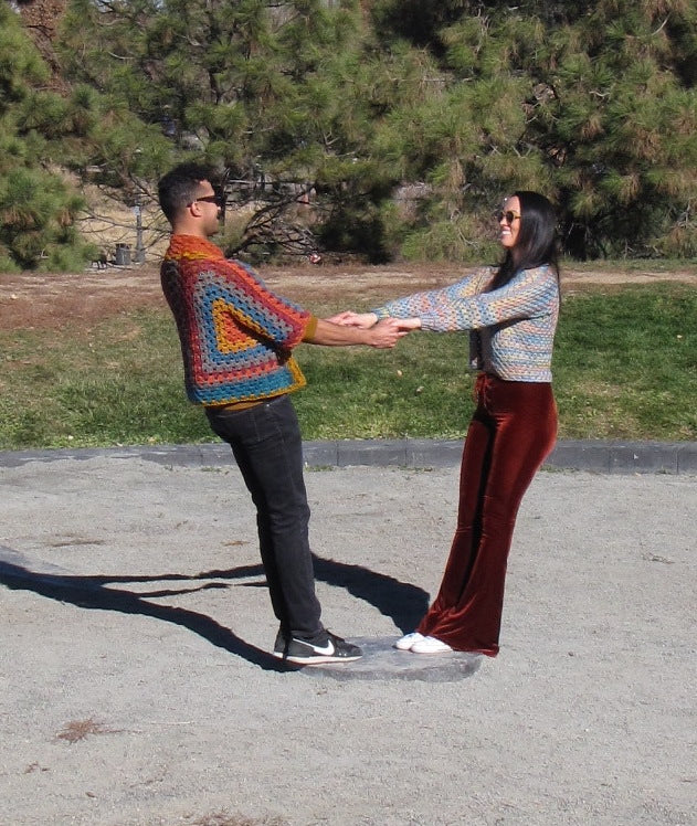 Hand Crocheted Vintage Inspired Collared Bowling Shirt Saturated Rainbow Tones