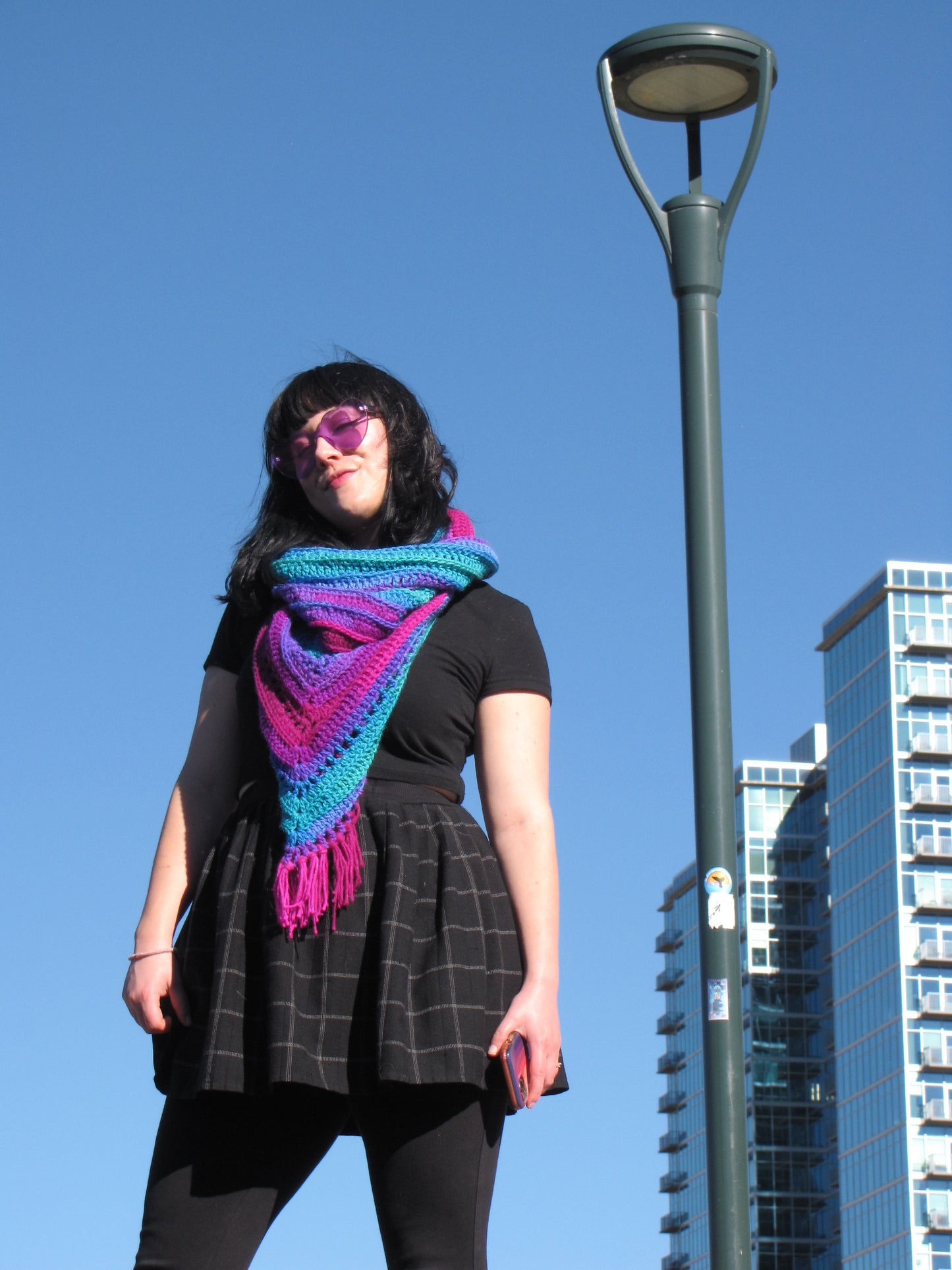 Hand Crocheted Bright Neon Mermaid Tones Hooded Cowl Shawl