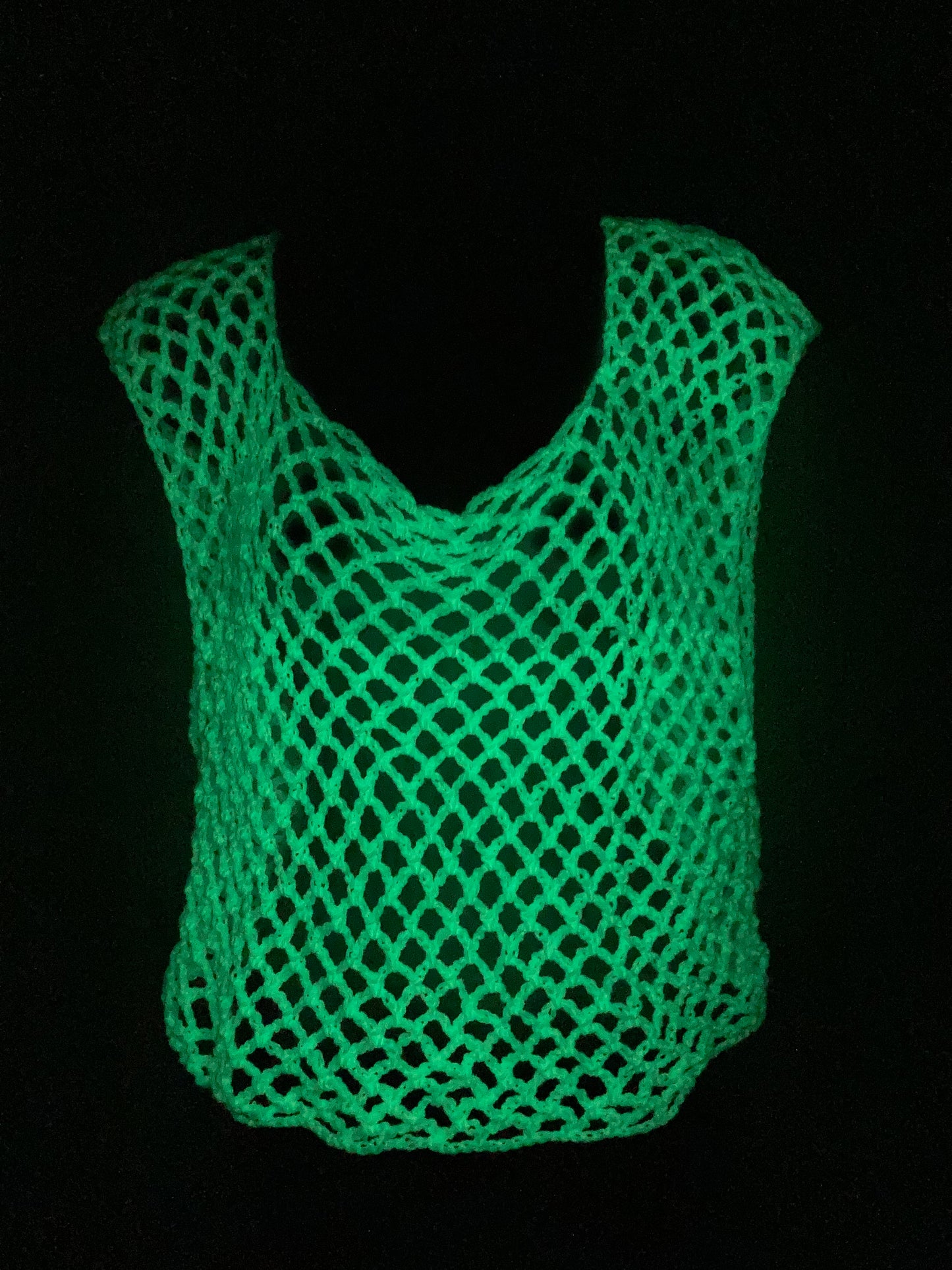 Hand Crocheted GLOW IN THE DARK Super Cropped Mesh Tank Top