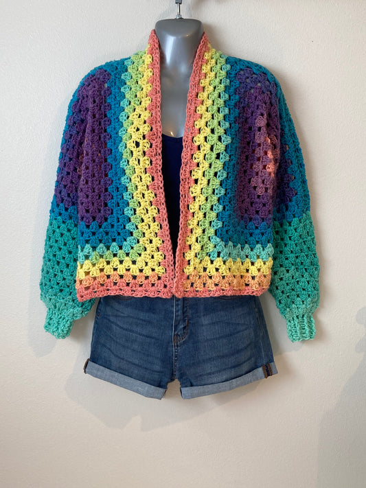 Hand Crocheted Light Bright Jewel-tone Rainbow Hexagon Cardigan