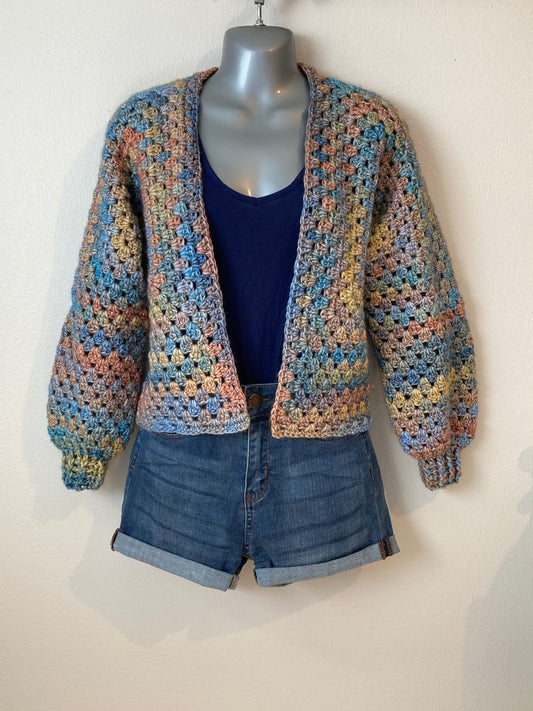 Hand Crocheted Dappled Earth-tone Watercolor Hexagon Cardigan