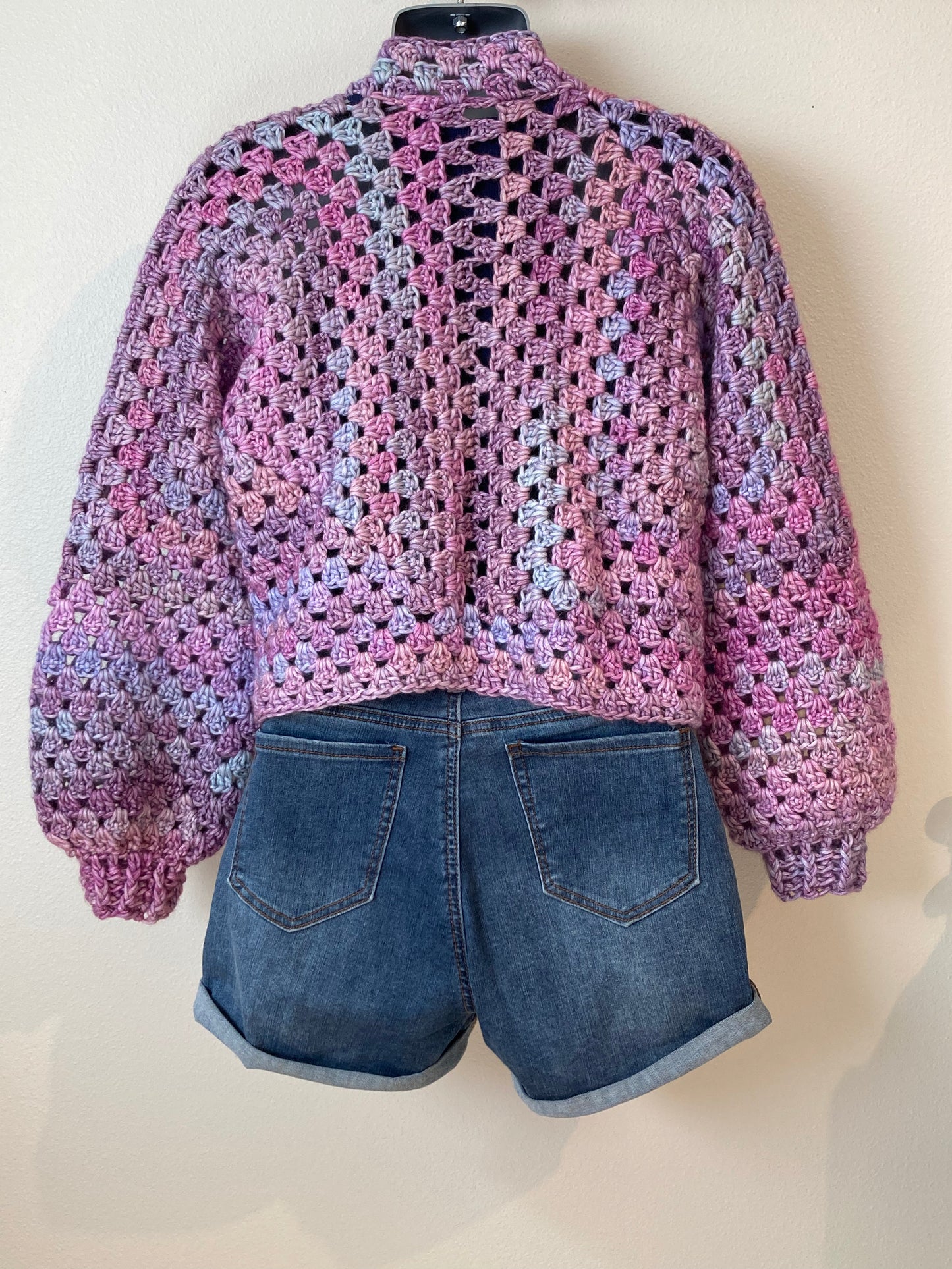 Hand Crocheted Dappled Jewel-tone Shades of Purple Hexagon Cardigan