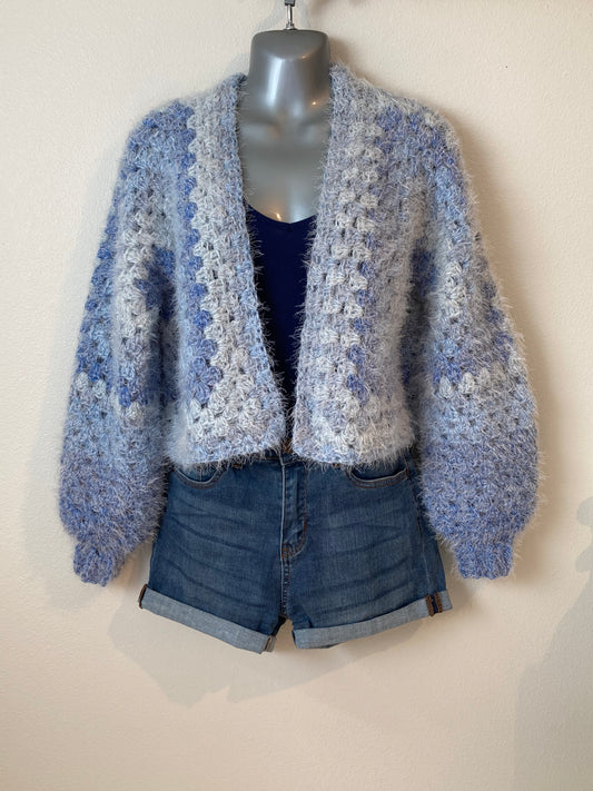 Hand Crocheted Soft Fuzzy Cool Blue Tones Hexagon Cardigan