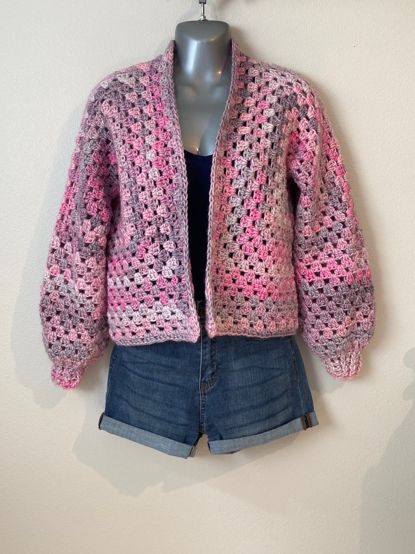 Hand Crocheted Dappled Soft Grays and Pinks Hexagon Cardigan