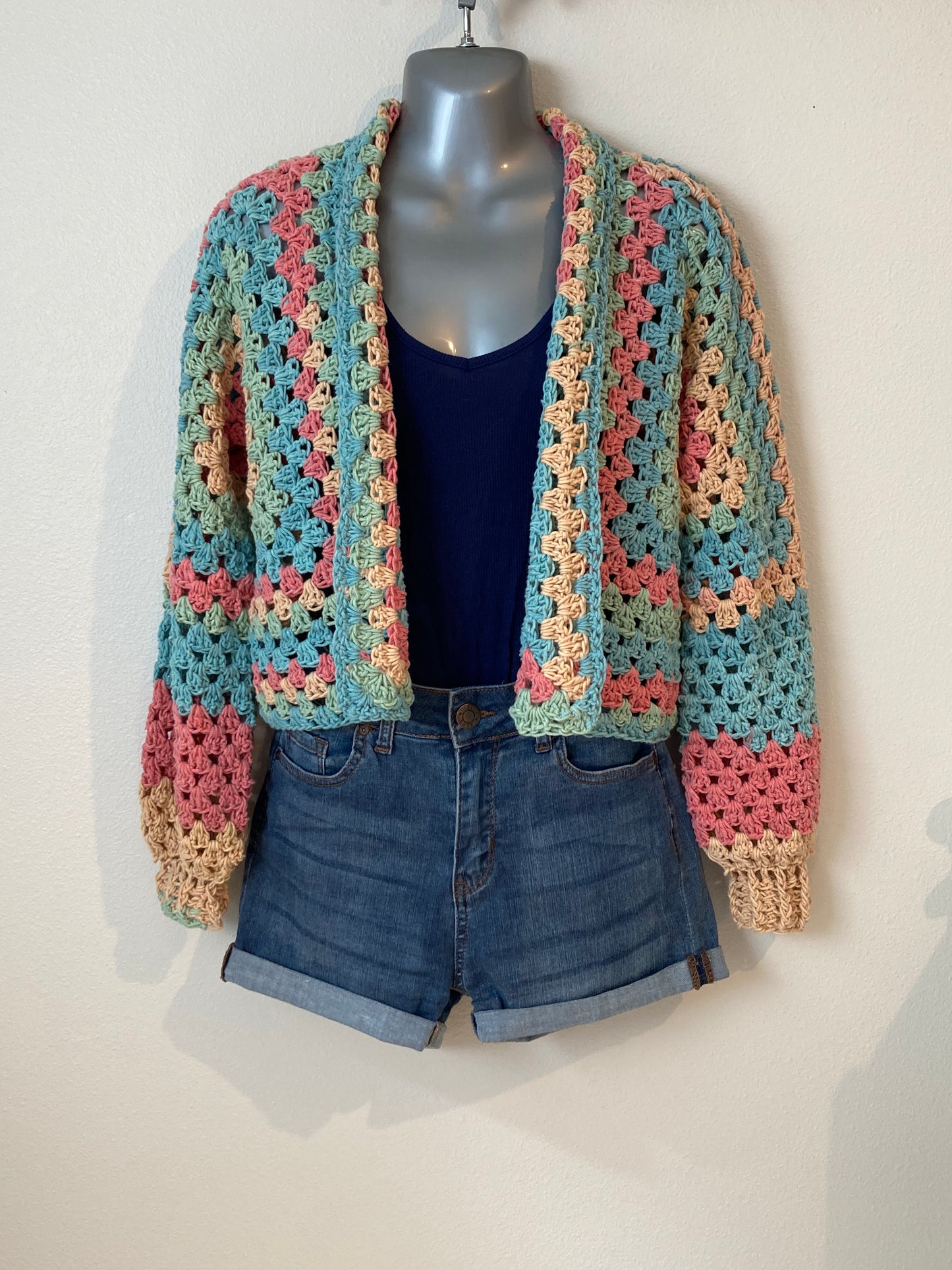 Hand Crocheted Sweet Desaturated Rainbow Hexagon Cardigan