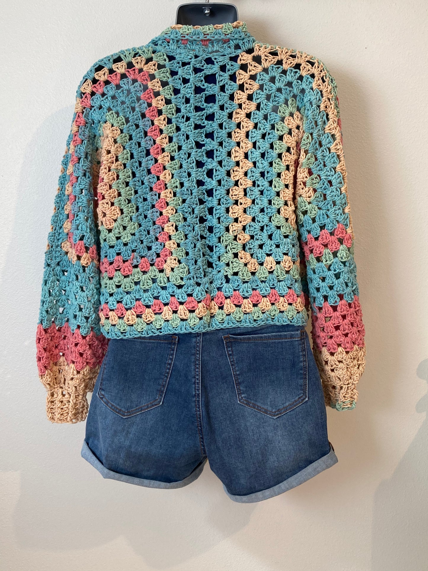 Hand Crocheted Sweet Desaturated Rainbow Hexagon Cardigan