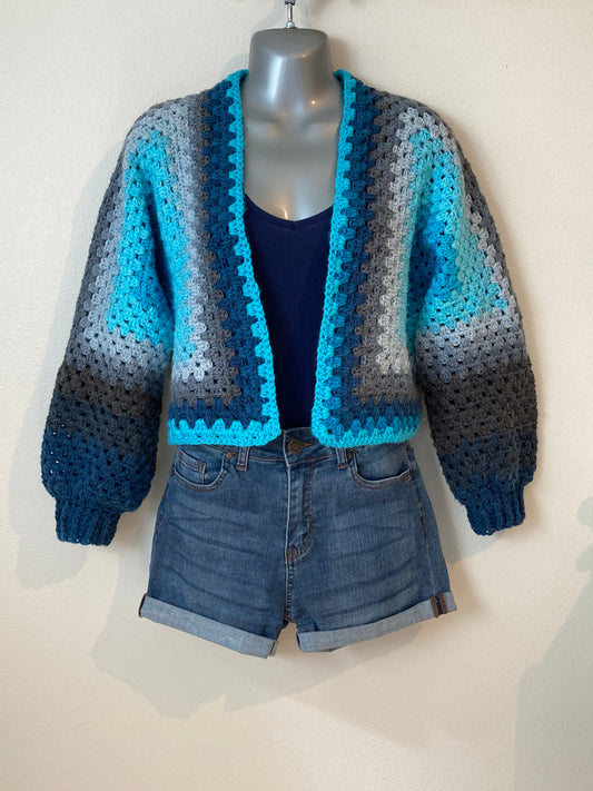 Hand Crocheted Perfect Grays, Blues and Teals Hexagon Cardigan