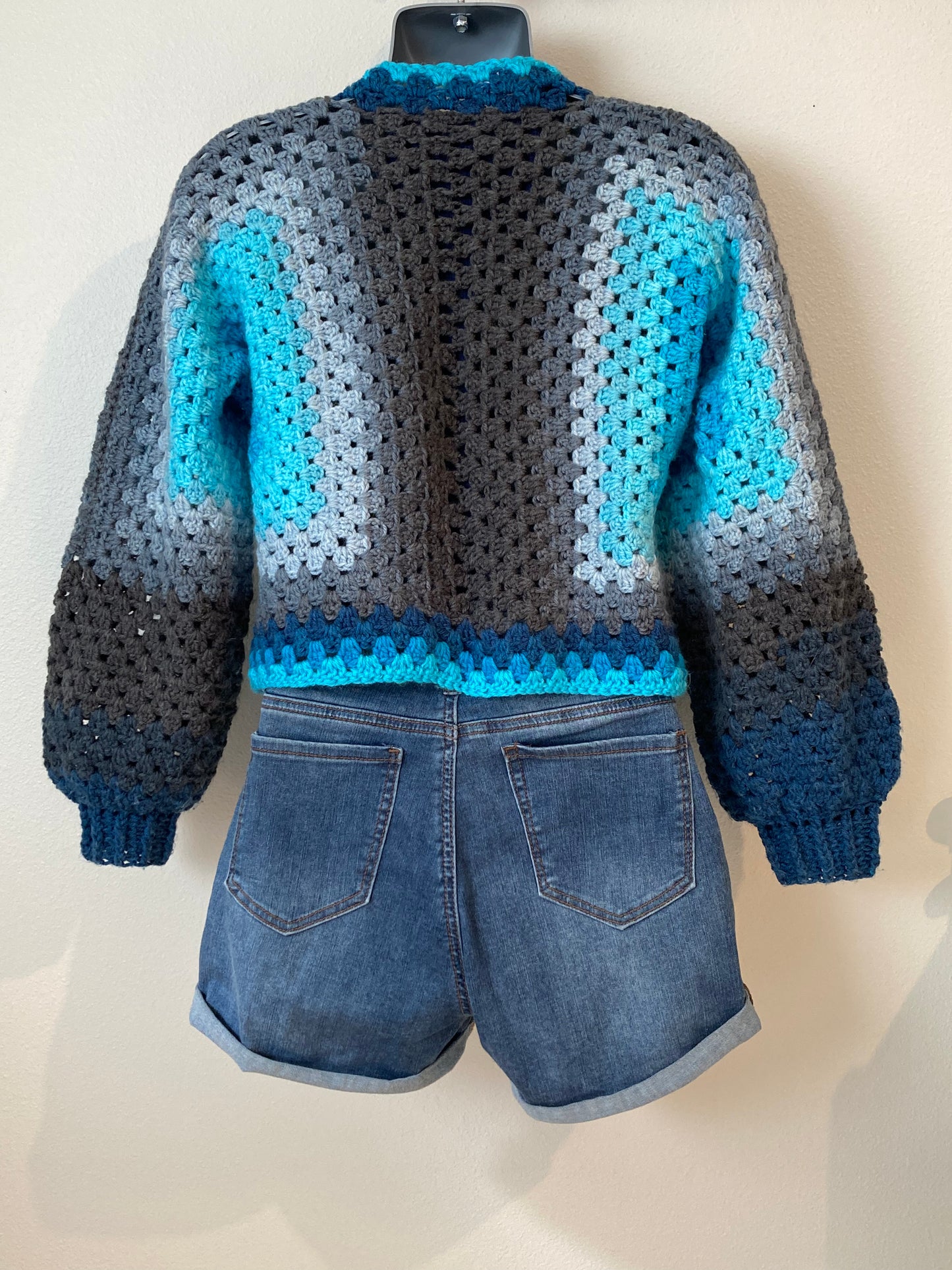 Hand Crocheted Perfect Grays, Blues and Teals Hexagon Cardigan