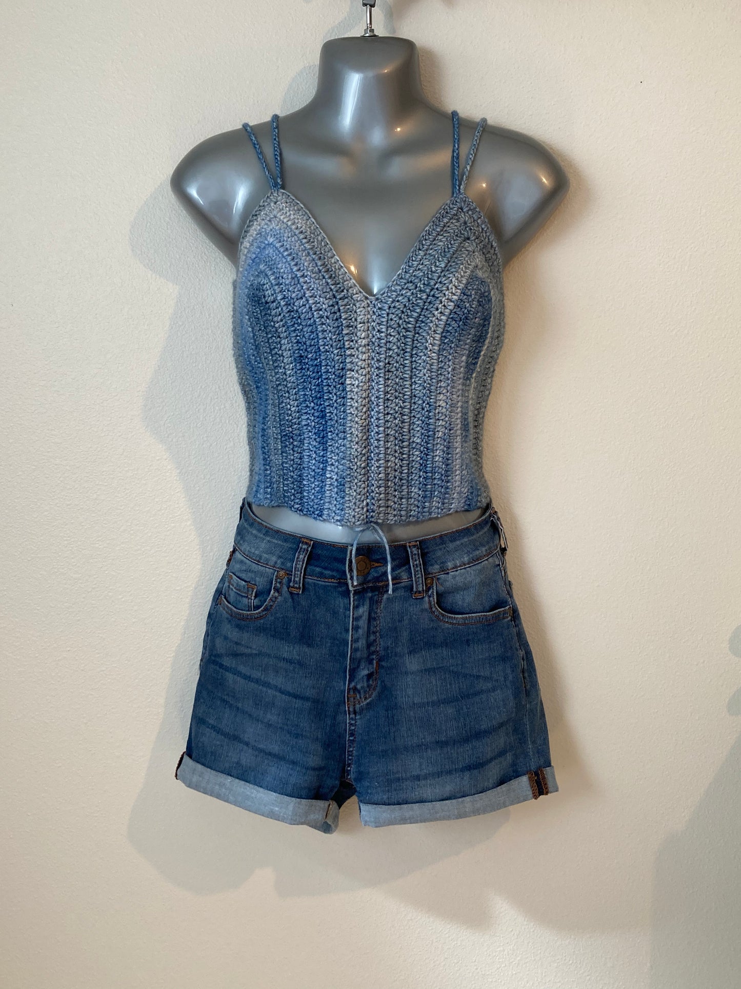 Hand Crocheted Lustrous Dappled Blues Crop Tank Top