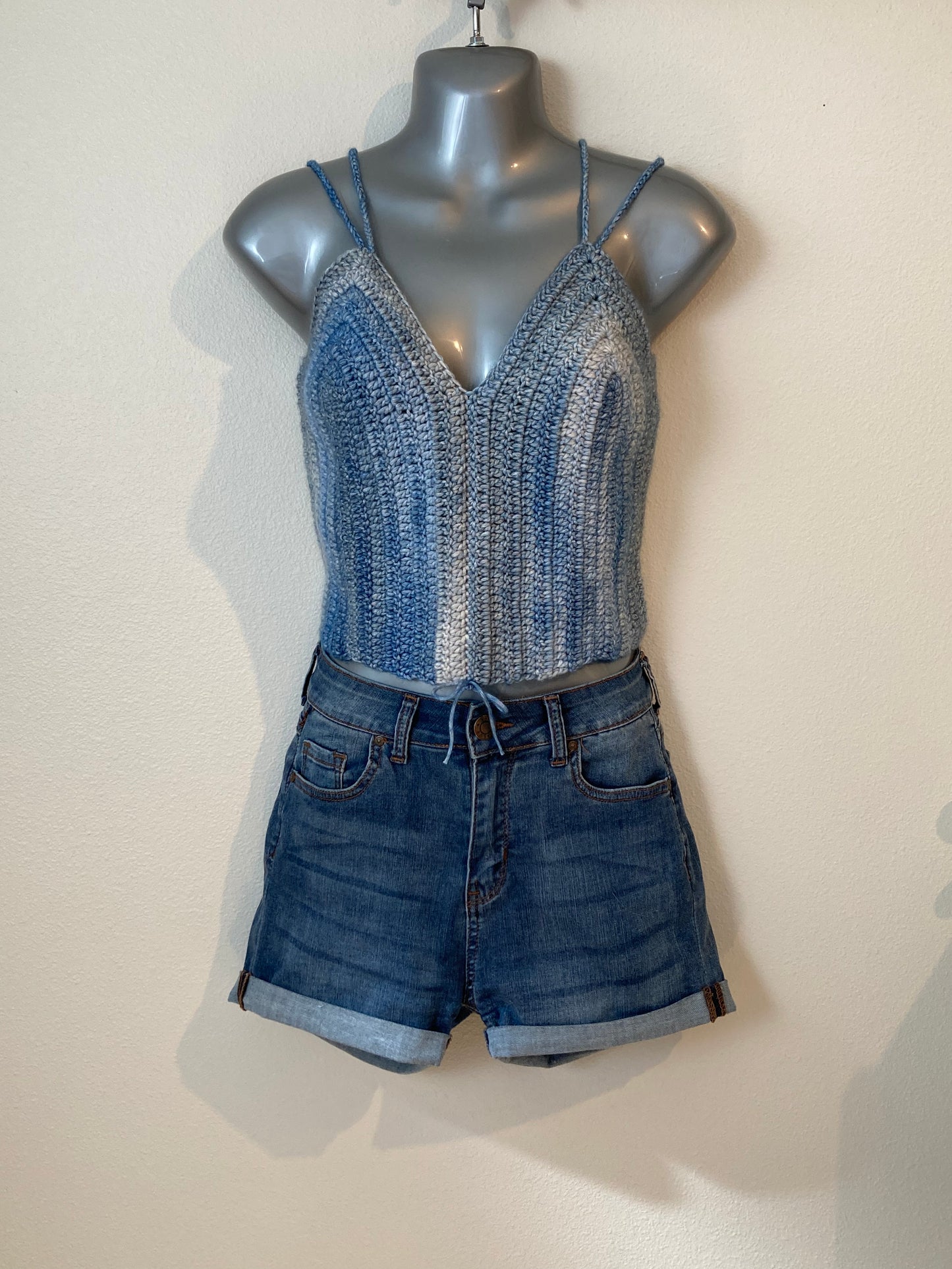 Hand Crocheted Lustrous Dappled Blues Crop Tank Top #2