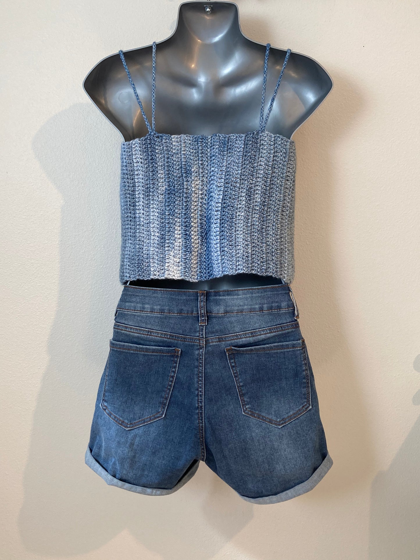 Hand Crocheted Lustrous Dappled Blues Crop Tank Top #2