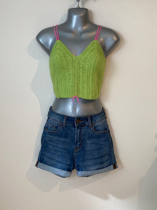 Hand Crocheted Crop Tank Top In Super Soft 100% Cotton - Lime Green