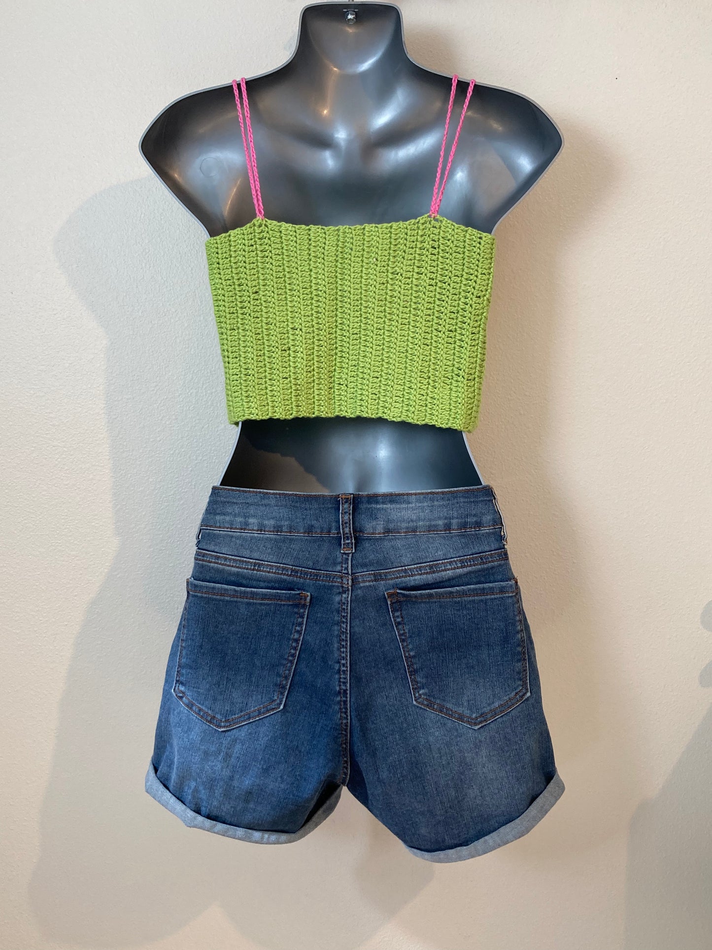 Hand Crocheted Crop Tank Top In Super Soft 100% Cotton - Lime Green