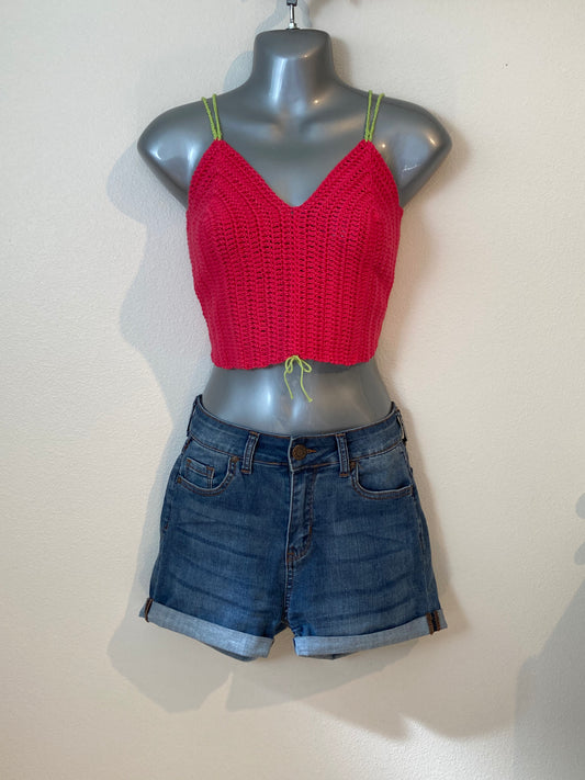 Hand Crocheted Cropped Tank Top In Super Soft 100% Cotton - Holiday Red