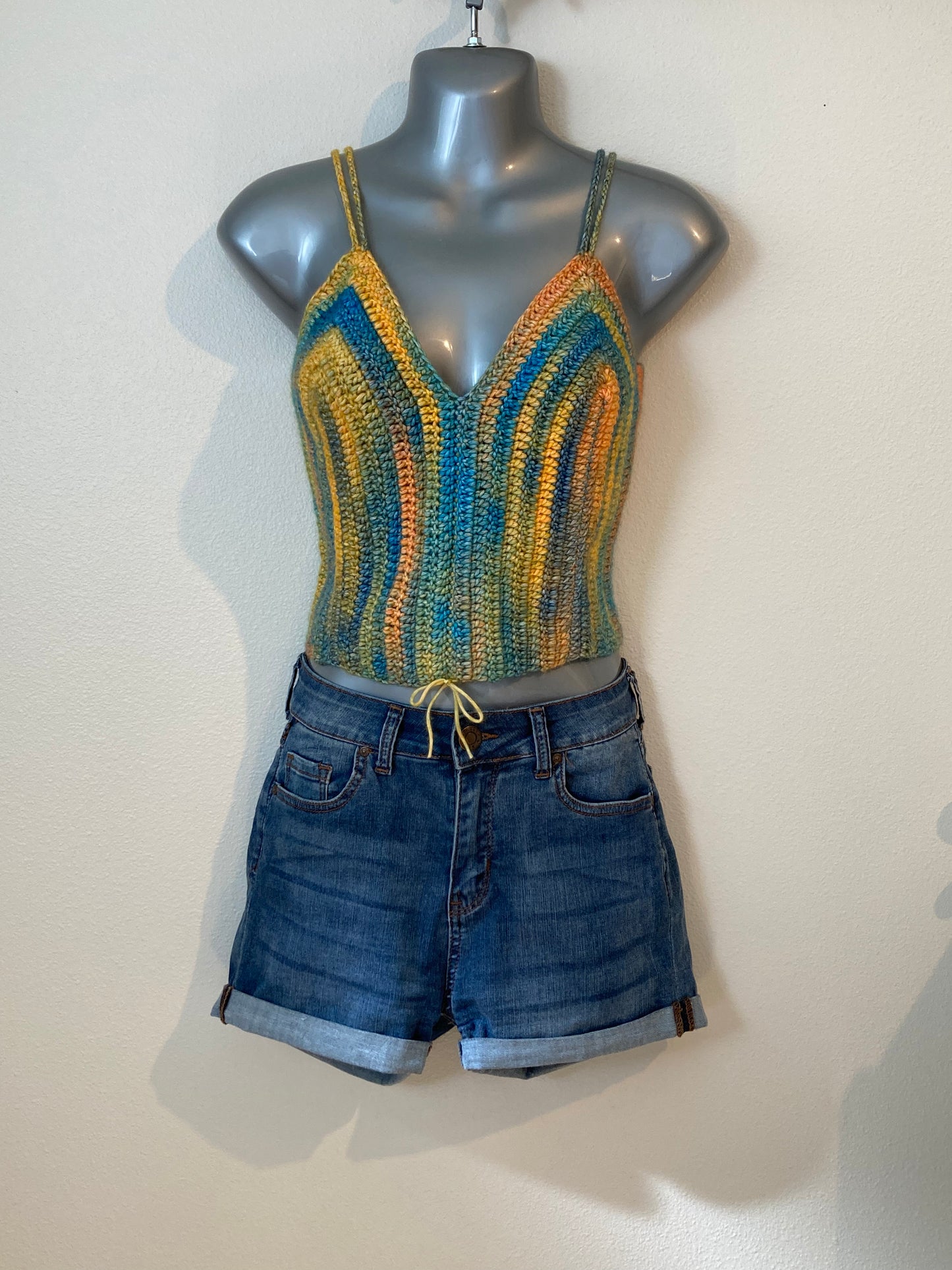 Hand Crocheted Bold Warm Tones Deep Gold and Teal Crop Tank Top