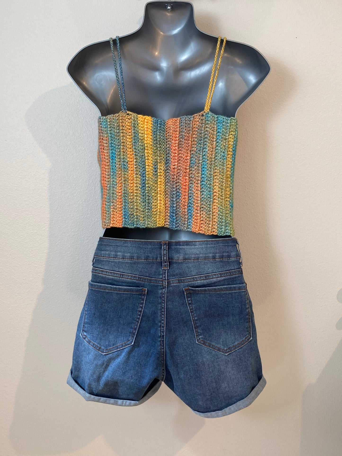 Hand Crocheted Bold Warm Tones Deep Gold and Teal Crop Tank Top