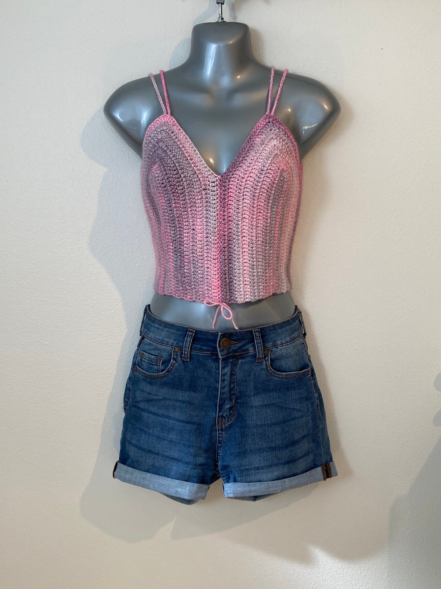 Hand Crocheted Dappled Soft Grays and Pinks Crop Tank Top