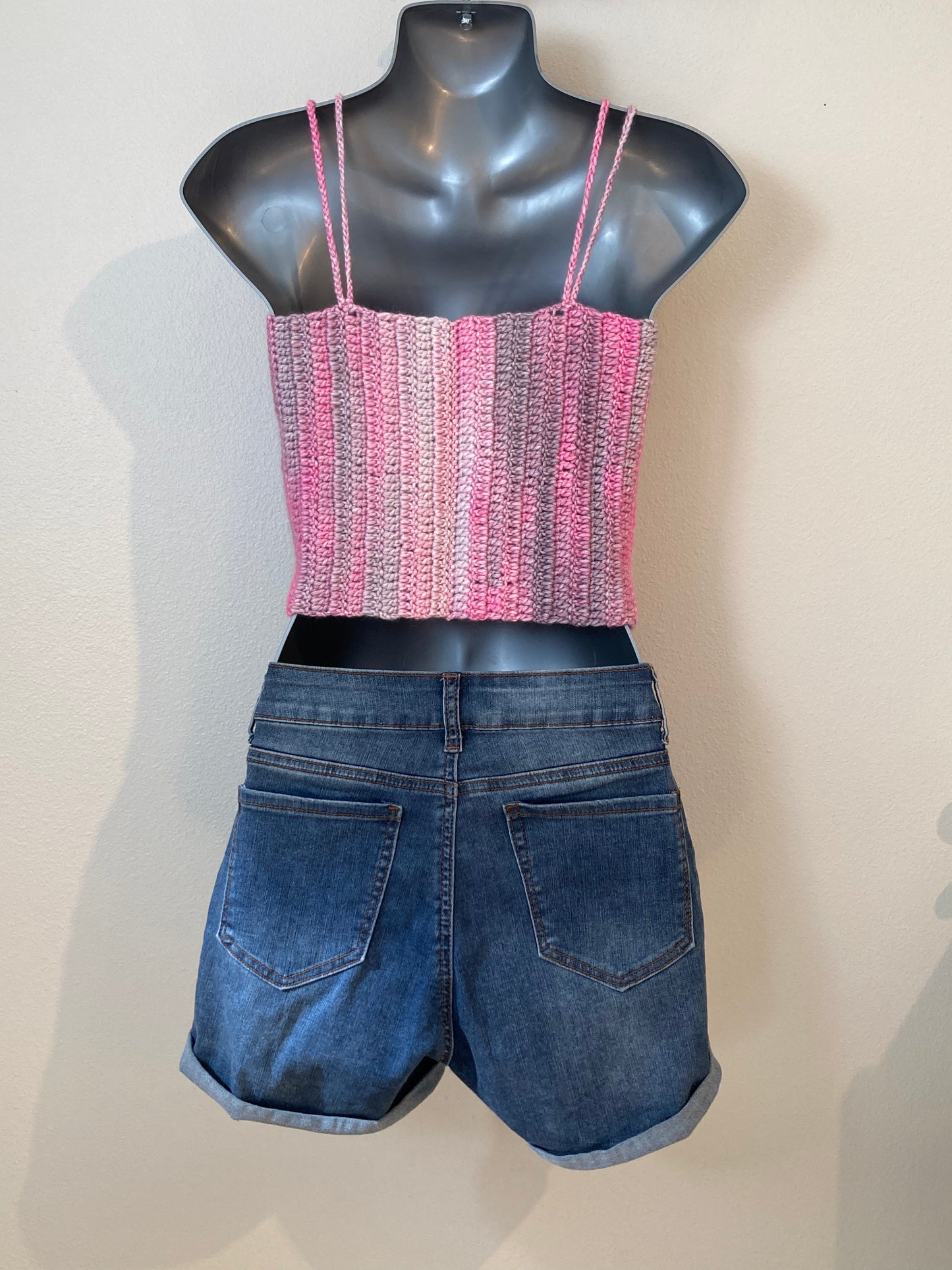 Hand Crocheted Dappled Soft Grays and Pinks Crop Tank Top