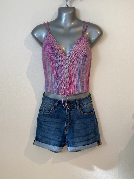 Hand Crocheted Dappled Jewel-tone Shades of Purple Crop Tank Top