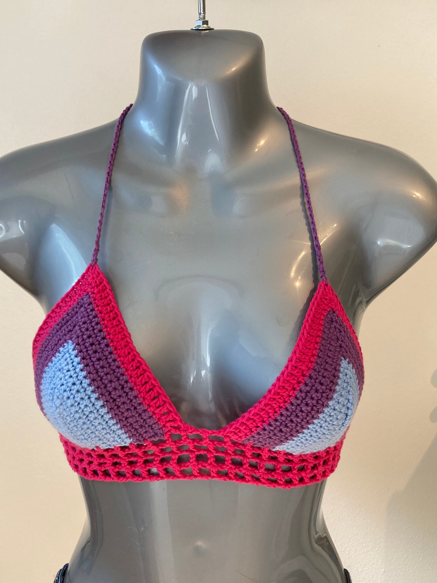 Hand Crocheted Bright Vibrant Pink and Purple Colorblock String Bikini Bralette in 100% Cotton