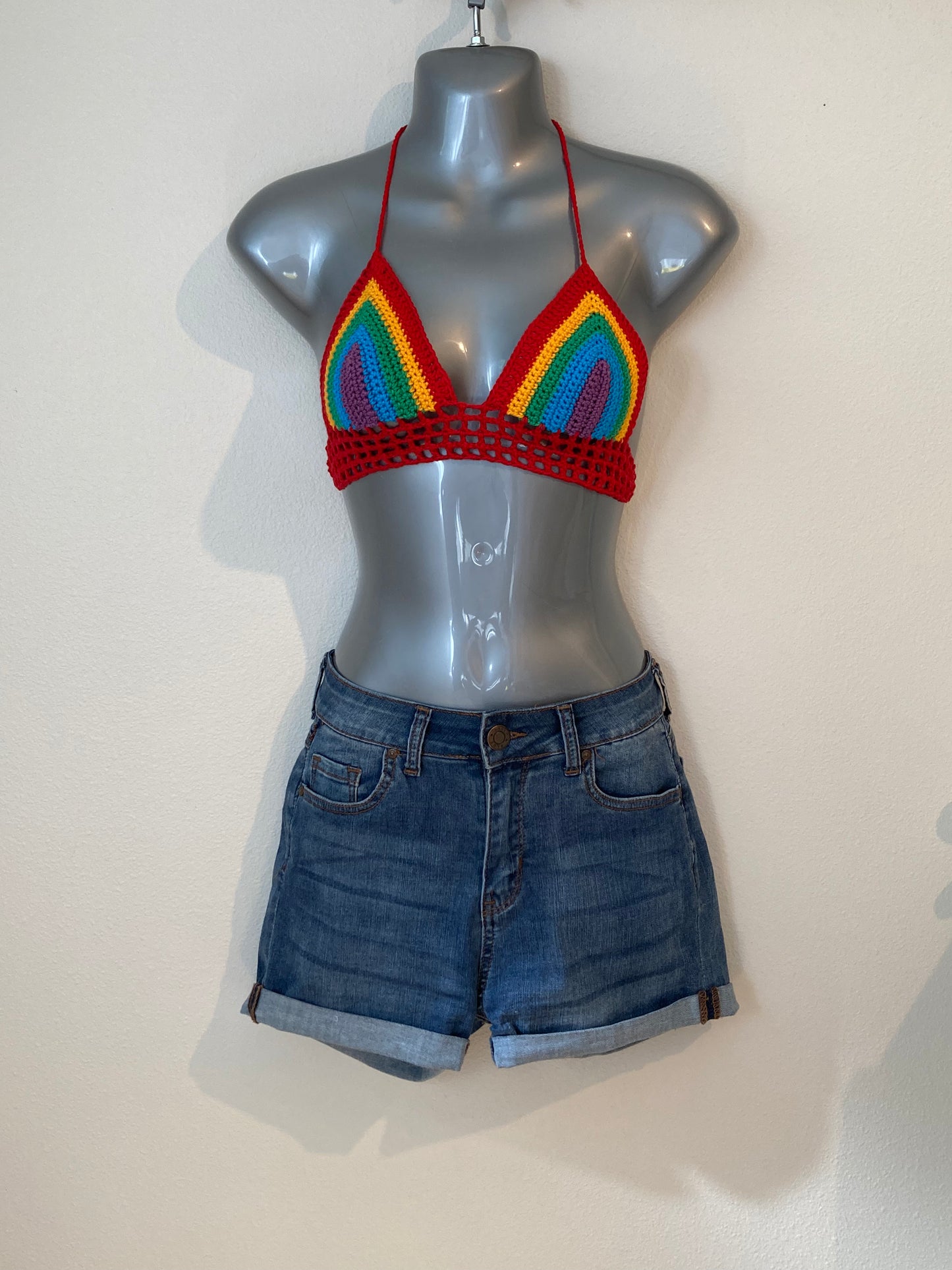 Hand Crocheted Bright Classic 70's Rich Rainbow String Bikini Bralette #2 in 100% Cotton