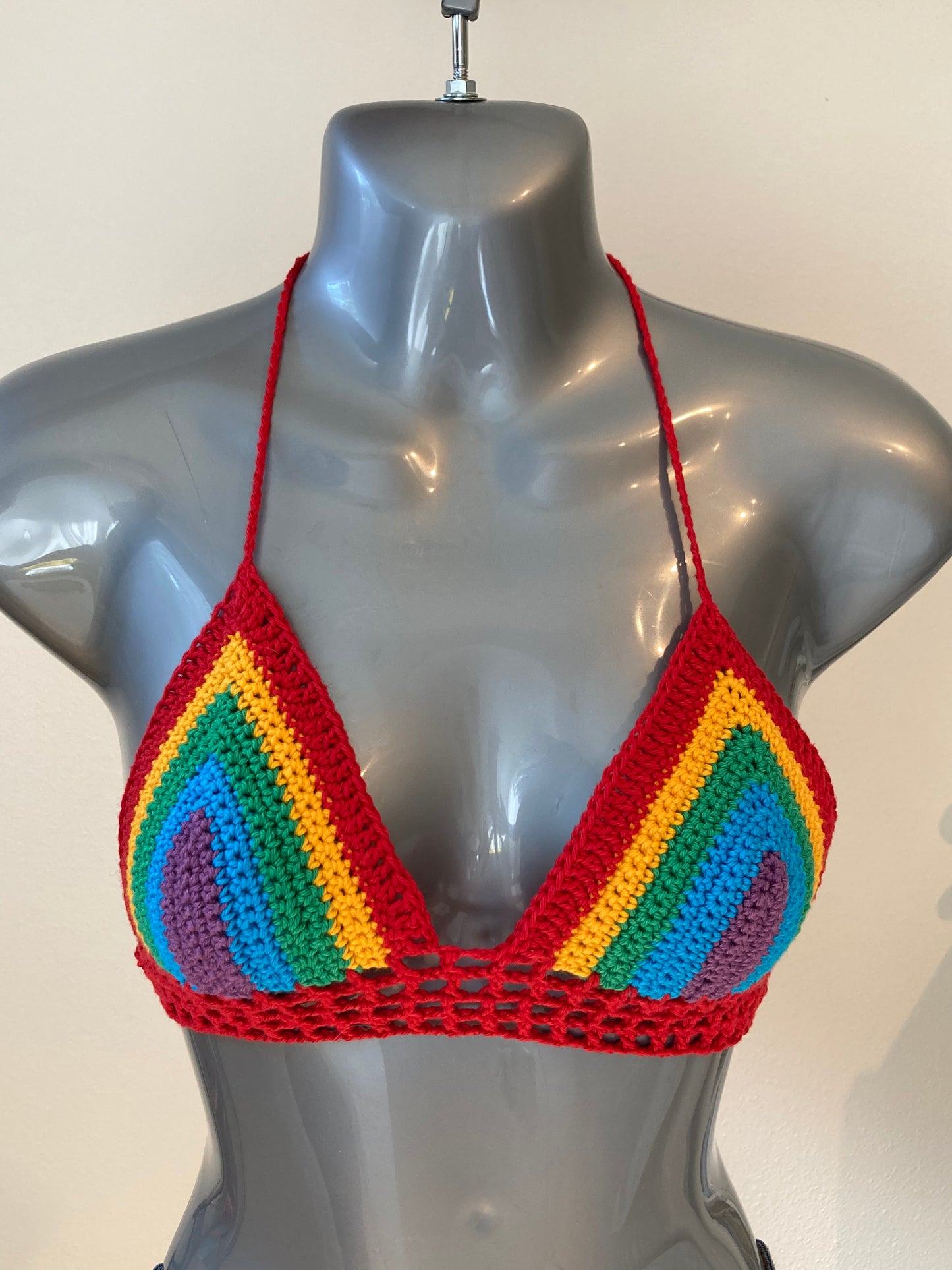 Hand Crocheted Bright Classic 70's Rich Rainbow String Bikini Bralette #2 in 100% Cotton