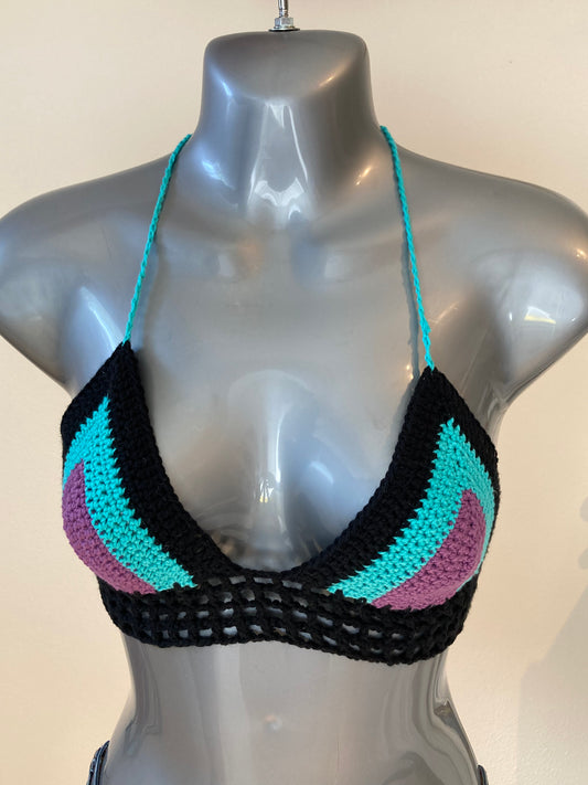 Hand Crocheted 80's Colorblock String Bikini Bralette in 100% Cotton