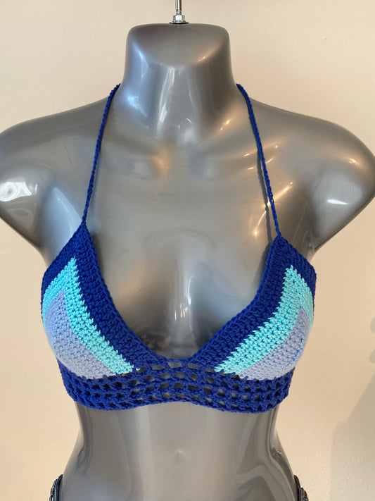 Hand Crocheted 90's Colorblock Blues and Purple String Bikini Bralette in 100% Cotton