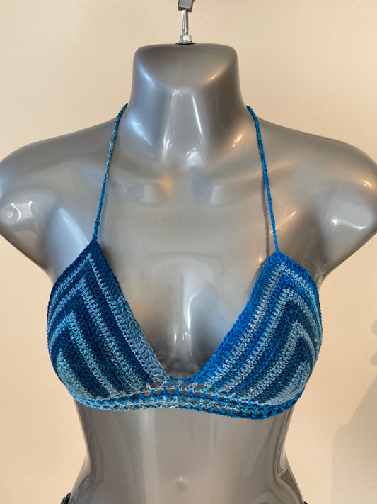 Hand Crocheted 90's Striping Denim Shades Bikini Bralette in 100% Painted Cotton