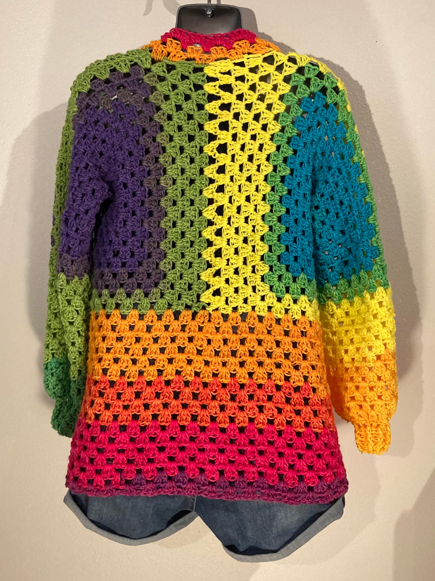 Hand Crocheted Rich Warm Rainbow Extra Long Hexagon Cardigan