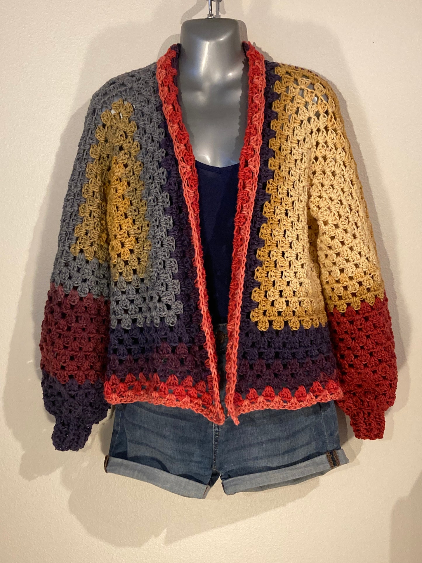 Hand Crocheted Warm and Saturated Tones Hexagon Cardigan