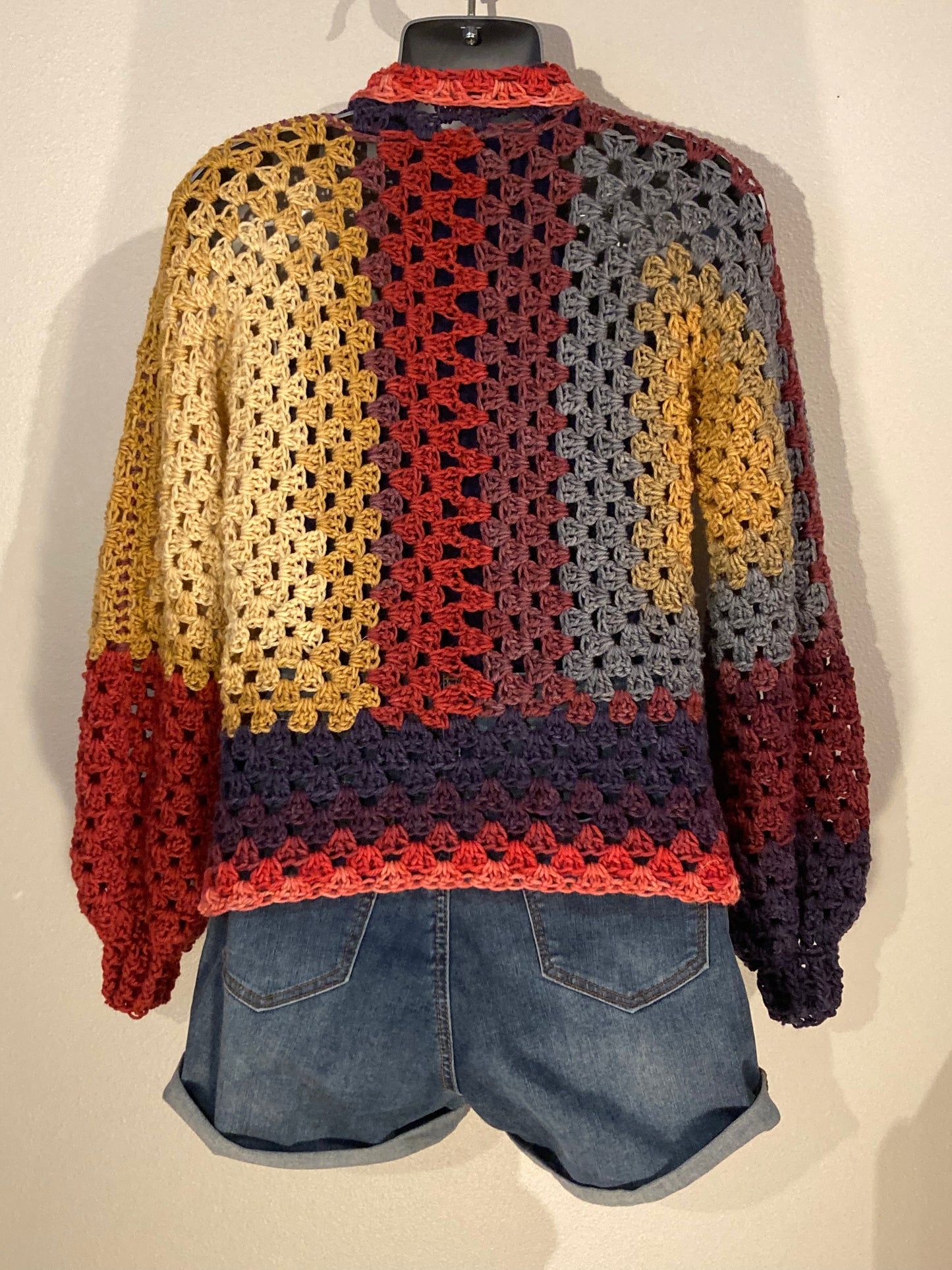 Hand Crocheted Warm and Saturated Tones Hexagon Cardigan