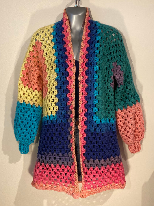 Hand Crocheted Bright Jewel Tone Rainbow Extra Long Hexagon Cardigan