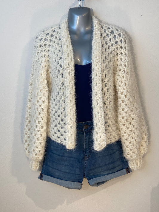 Hand Crocheted Super Soft Fuzzy Cream Hexagon Cardigan