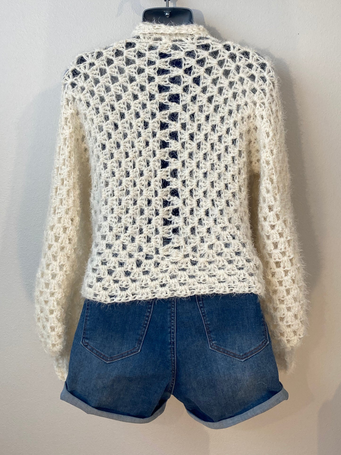 Hand Crocheted Super Soft Fuzzy Cream Hexagon Cardigan