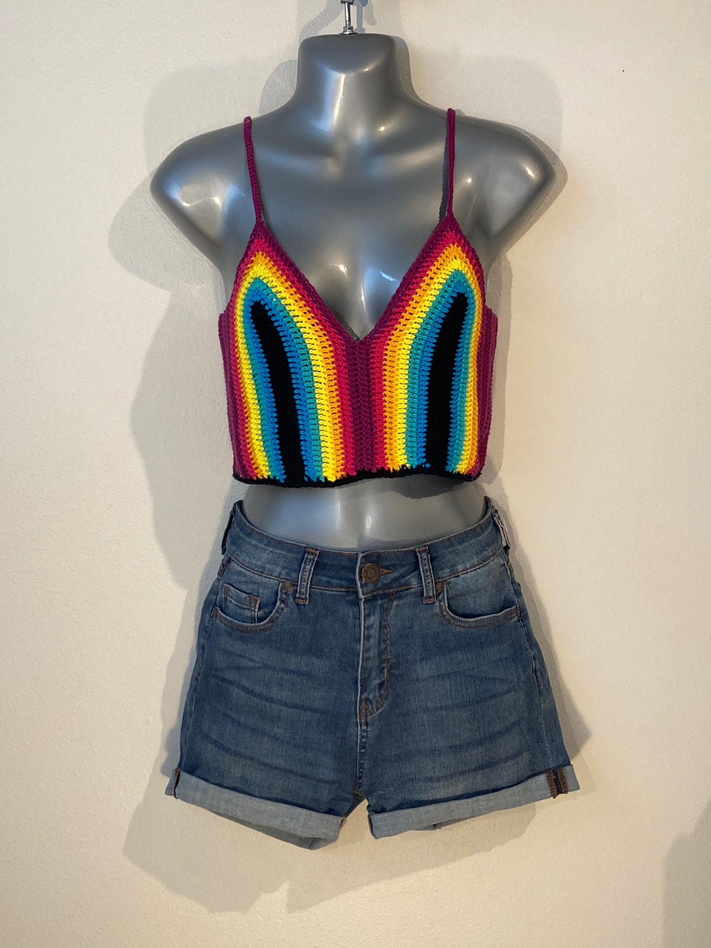 Hand Crocheted Trippy Lustrous Jewel Tone Rainbow Cropped Tank Top in 100% Cotton