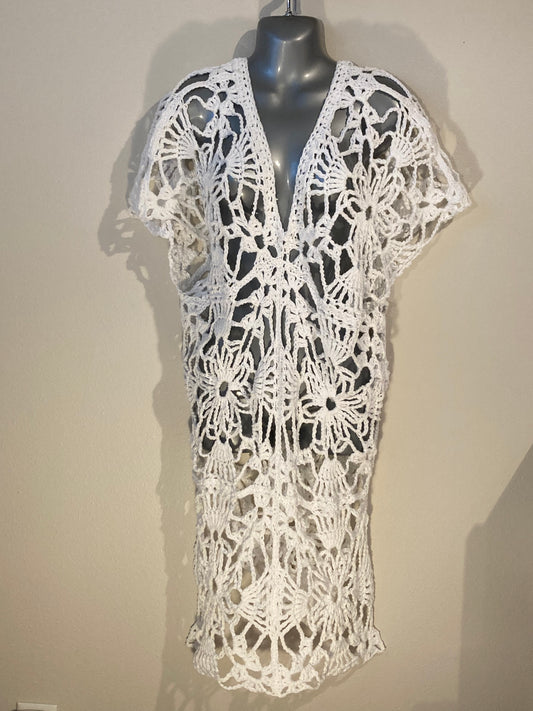 Hand Crocheted Open Lace Pattern Coverup or Dress in White 100% Cotton Yarn