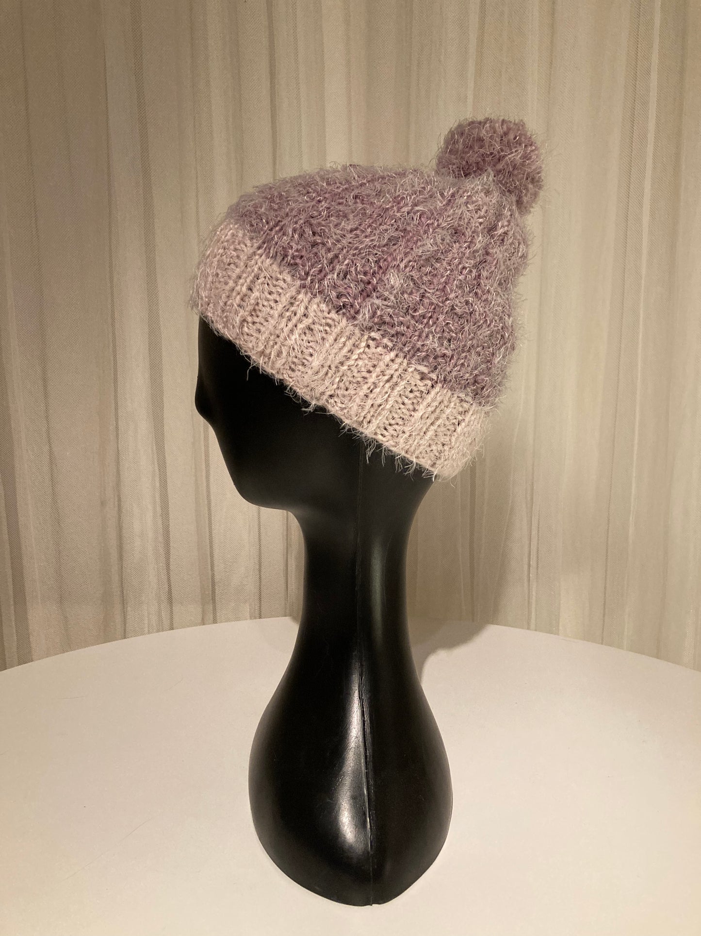 Handknitted Beanie in Super Soft Fuzzy Muted Plum and Lavender Blush