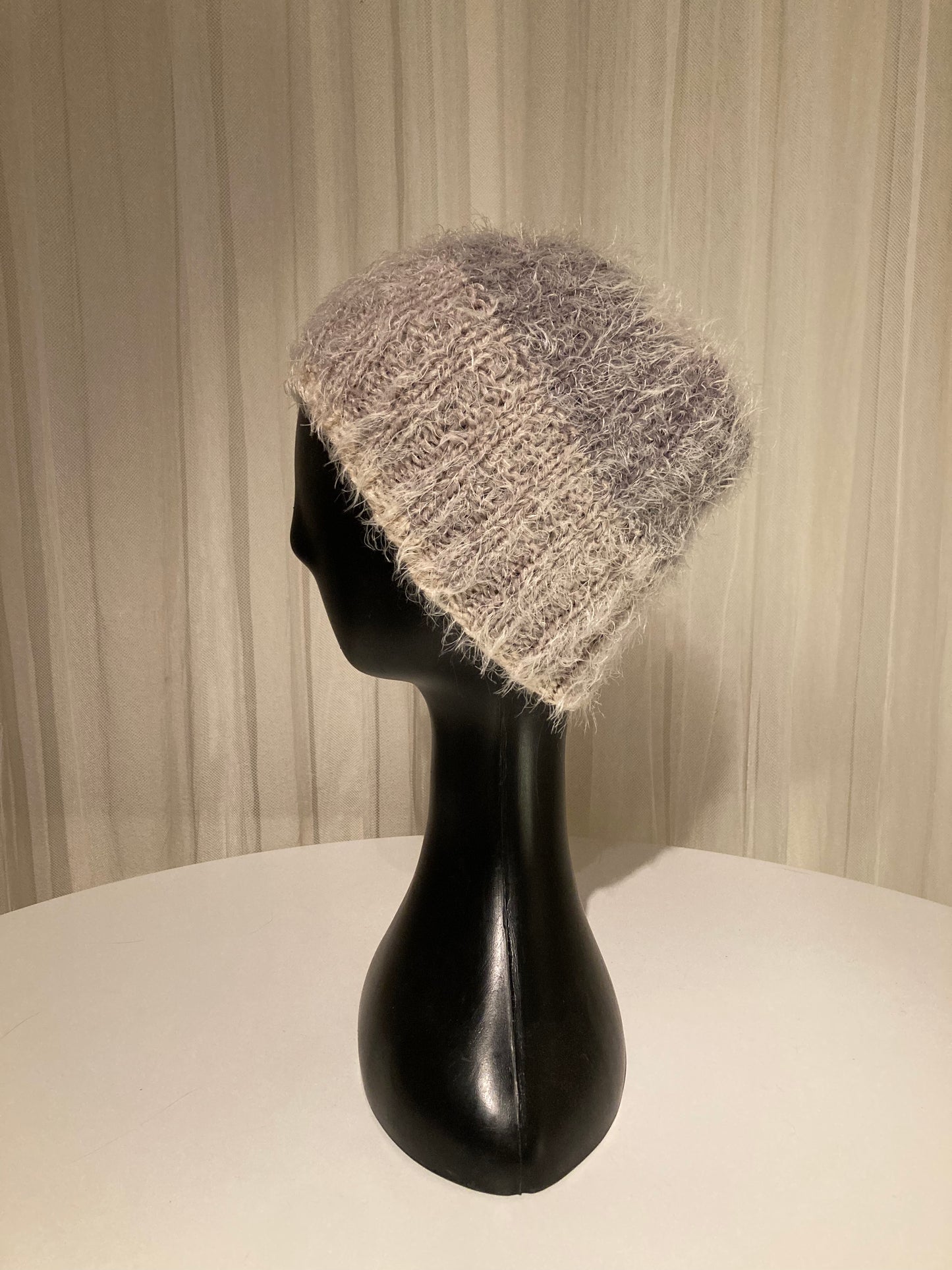 Handknitted Beanie in Super Soft Fuzzy Cool Neutral Cream and Warm Grays