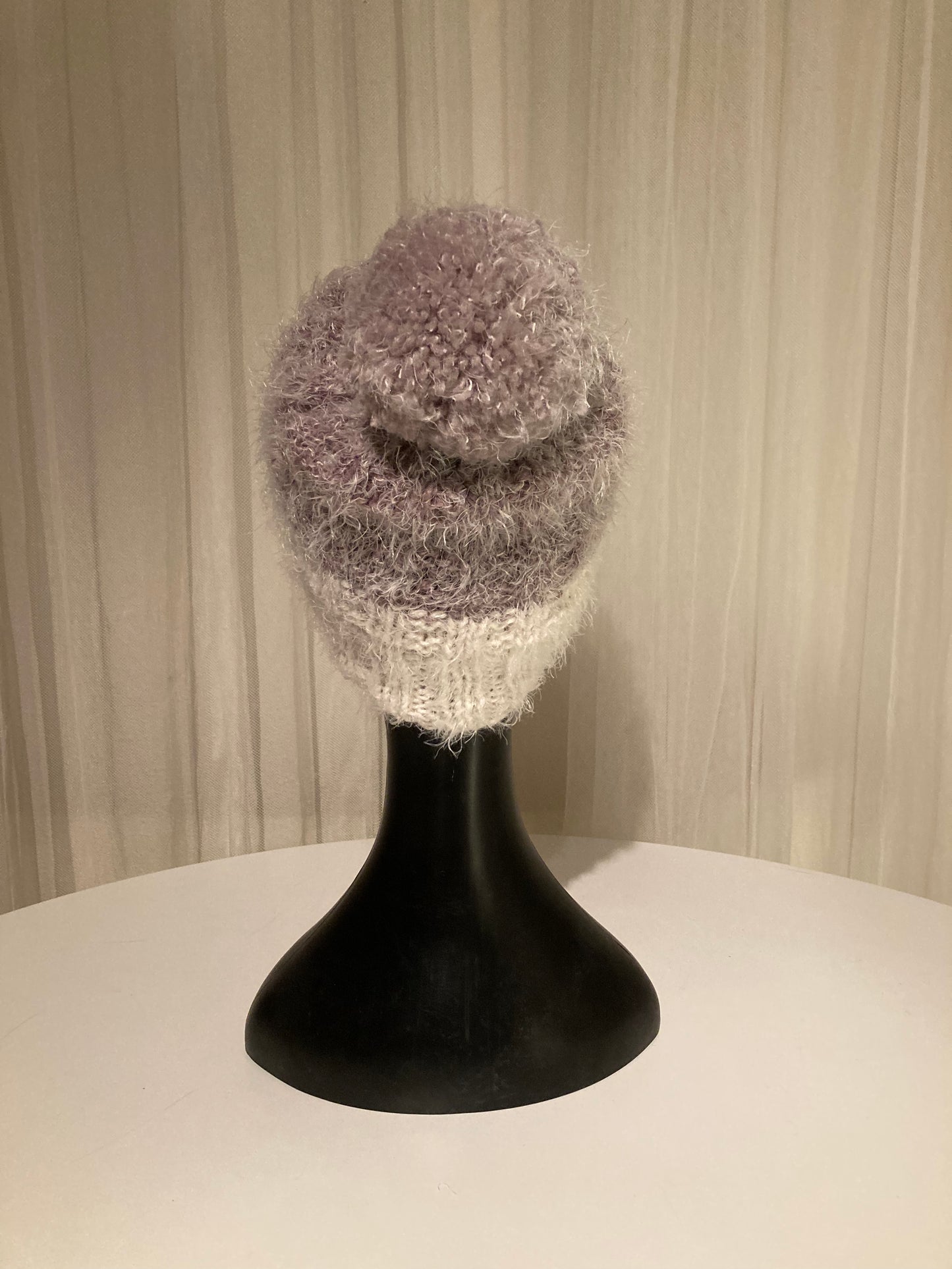 Handknitted Beanie in Super Soft Fuzzy Muted Cream, Plum and Lavender