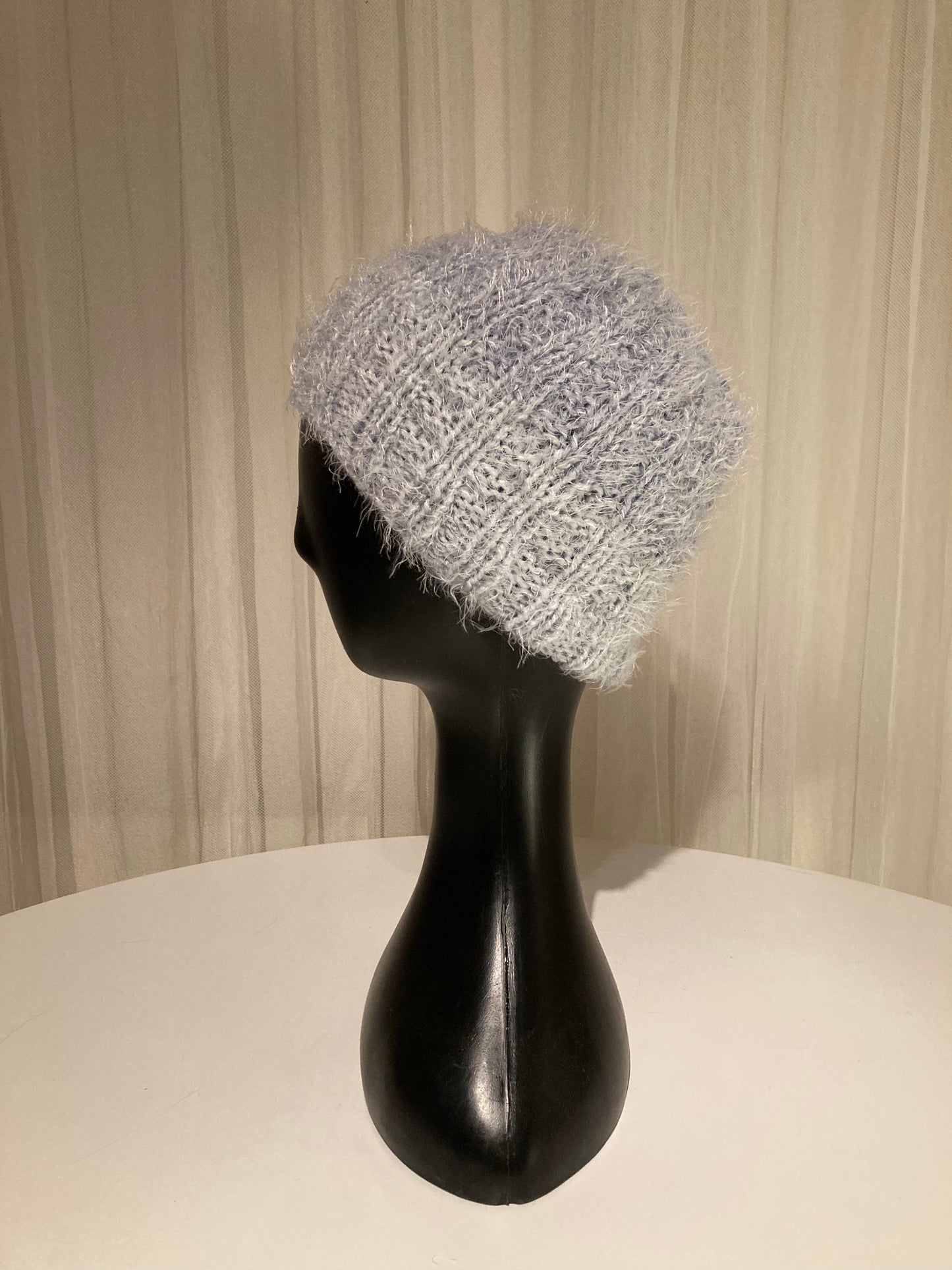 Handknitted Beanie in Super Soft Fuzzy Muted Shades of Light and Slate Blue