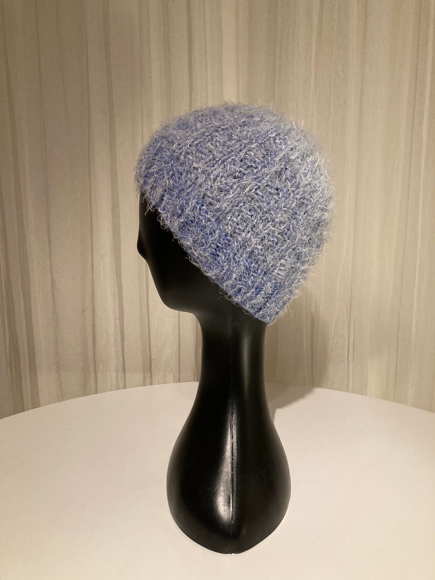 Handknitted Beanie in Super Soft Fuzzy Muted Shades of Light, Slate and Medium Blue