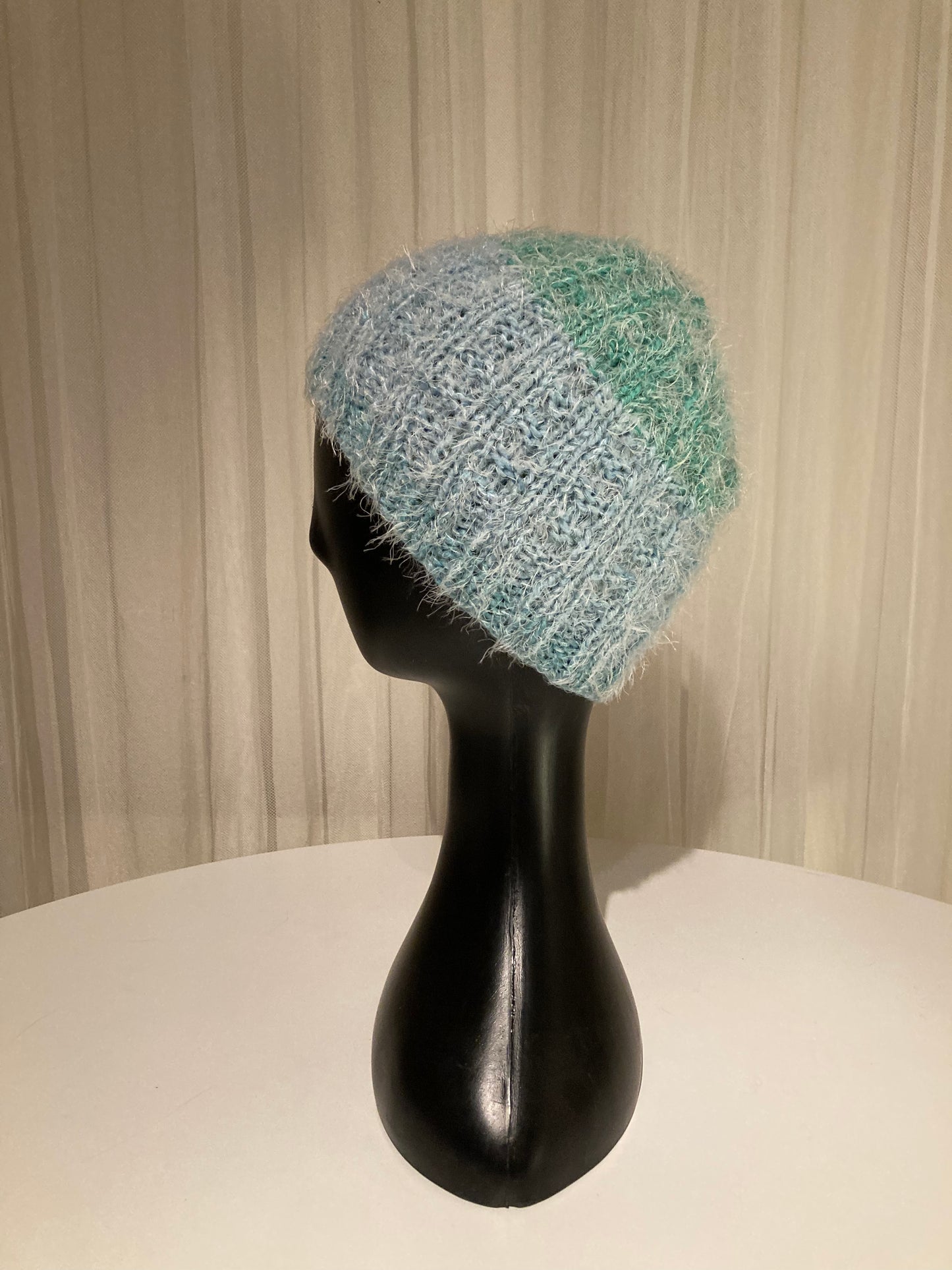 Handknitted Beanie in Super Soft Fuzzy Jewel-tone Shades of Light Blue, Cyan and Green