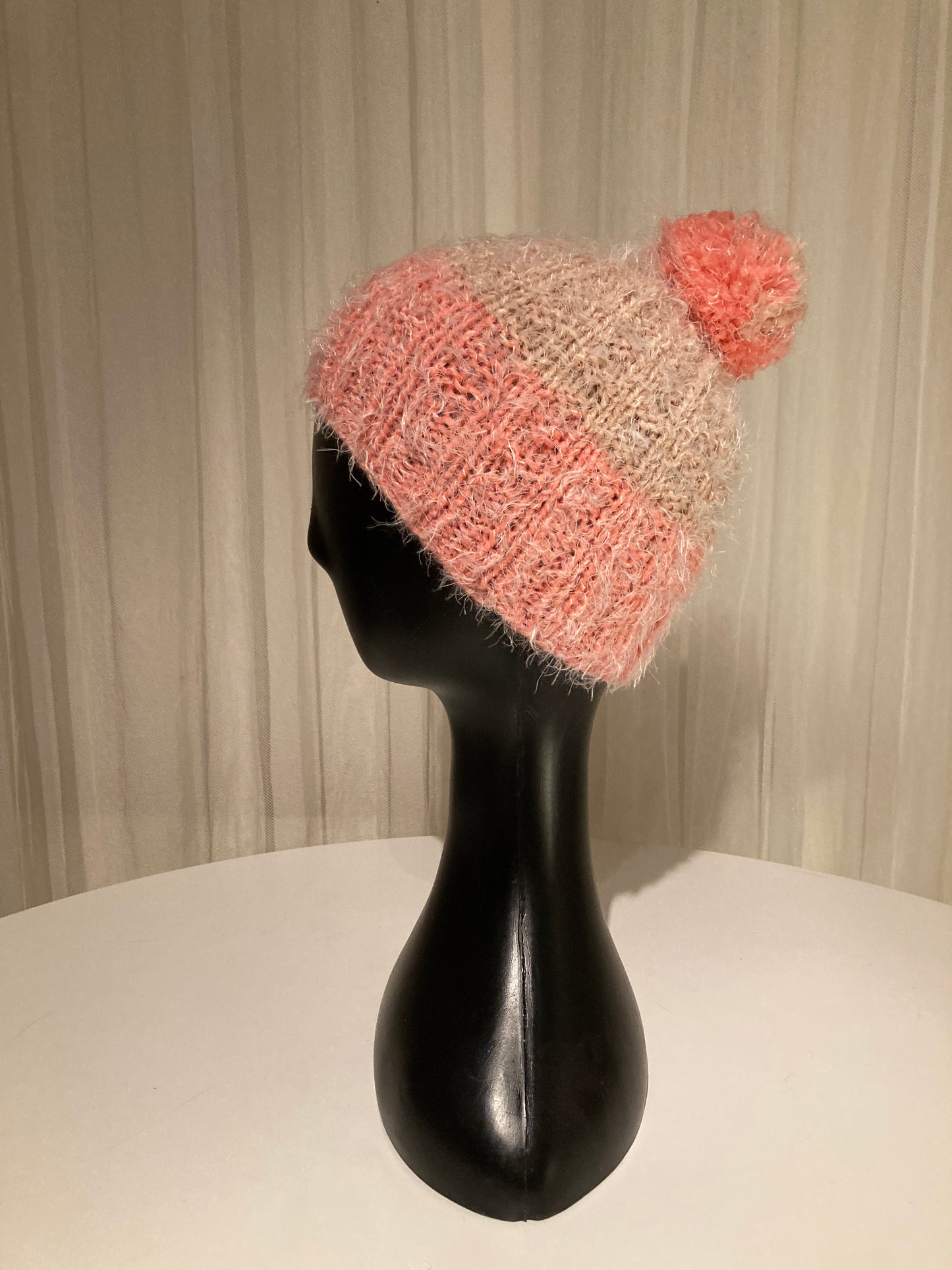 Handknitted Beanie in Super Soft Fuzzy Warm Neutral Tan and Coral