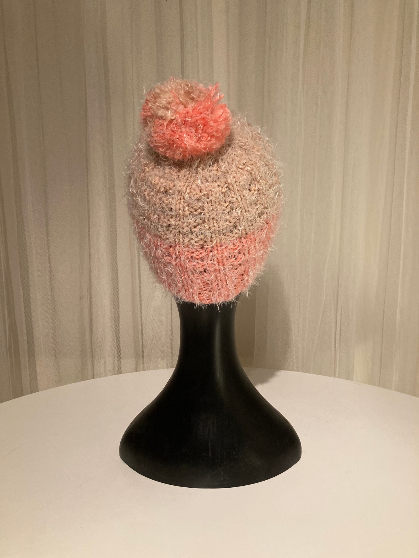 Handknitted Beanie in Super Soft Fuzzy Warm Neutral Tan and Coral