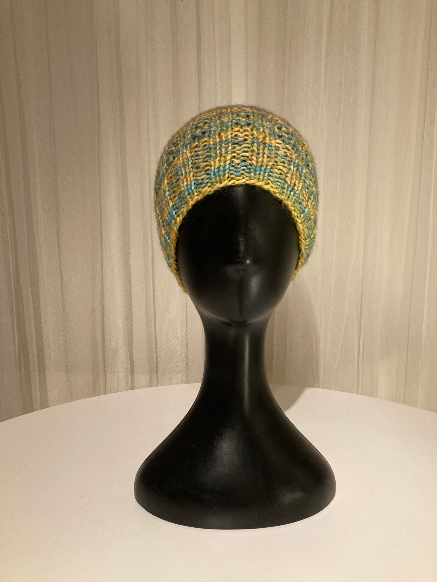 Handknitted Beanie in Bright Gold, Orange and Teal Shades